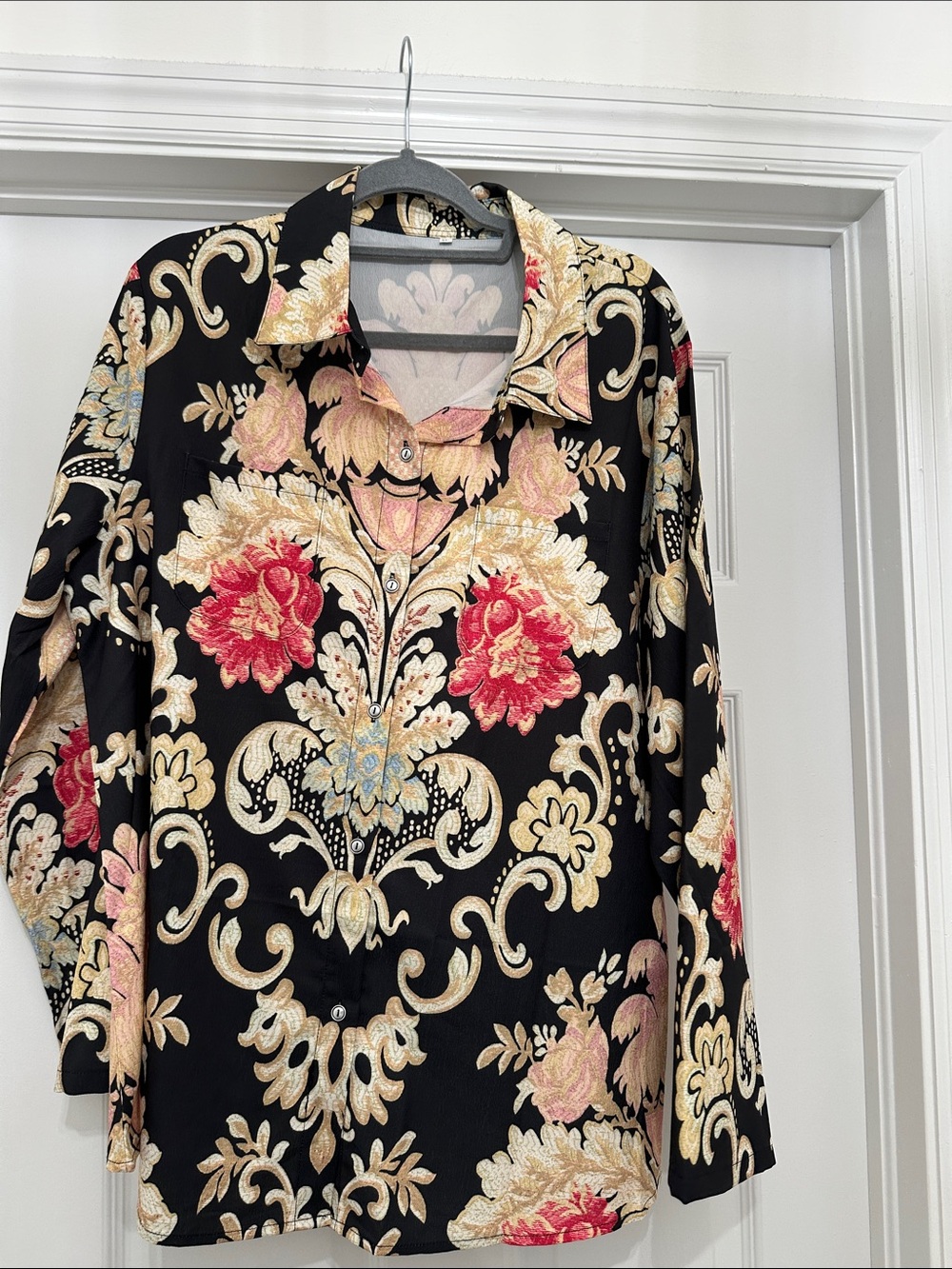 SHEIN Black Floral Baroque Button-Up Blouse with Red & Cream Accents